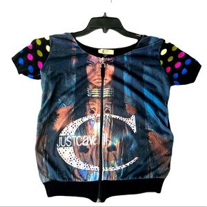 Roberto Cavalli Just Cavalli Short Sleeve Top Rhinestone Moon & Face Size Medium